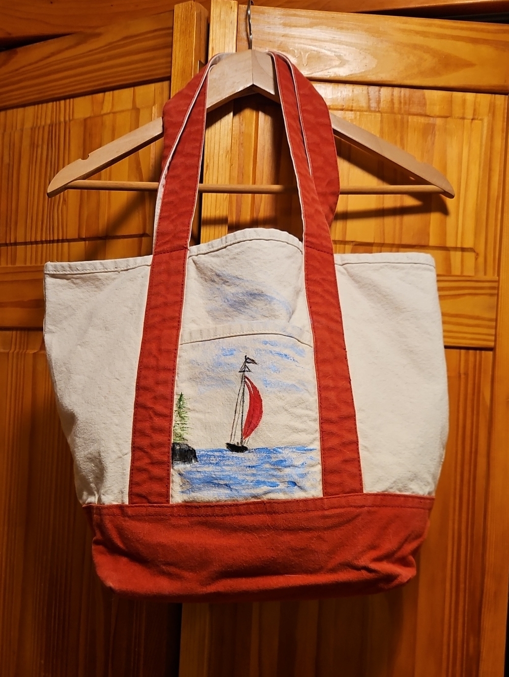 Maine Artist Hand-painted Upcycled Cotton Tote Bag with Red Sailboat Ocean Scene